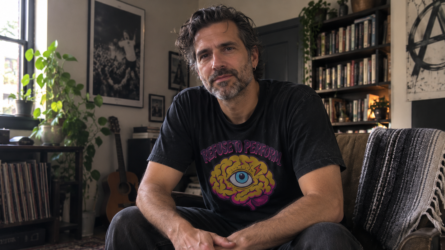 A punk man sitting in a cozy, book-filled room wearing a black graphic t-shirt with a colorful brain-and-eye design.